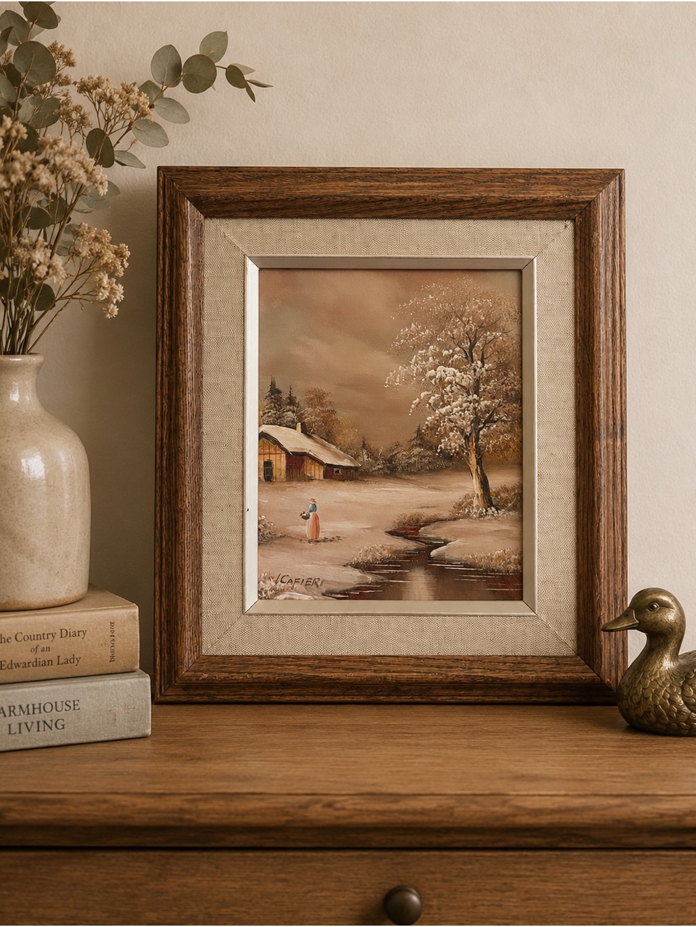 Vintage Original Winter Landscape Oil Painting in Wood Frame